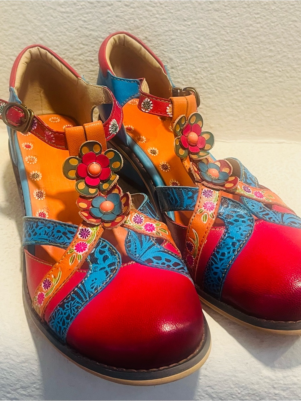 Vibrant Multi-Color Floral T-Strap Sandals - Red/Orange/Blue